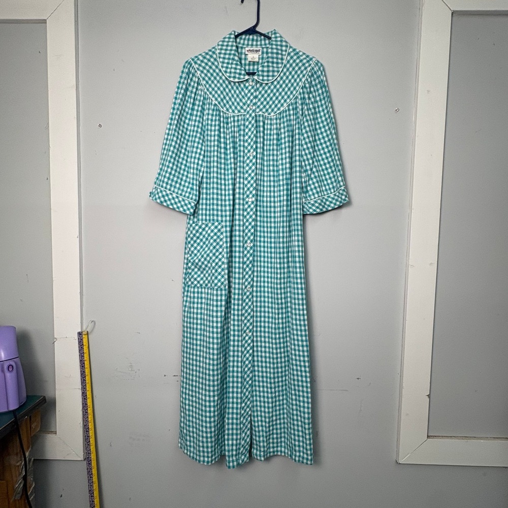 National Gingham House Dress Teal Green White Cotton Maxi Nightgown L Grannycore